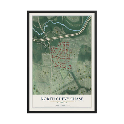 Map of North Chevy Chase, Maryland, 12 x 18 inch print in a black wood frame
