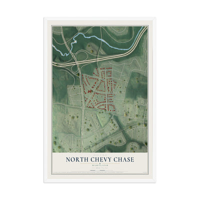 Map of North Chevy Chase, Maryland, 12 x 18 inch print in a white wood frame