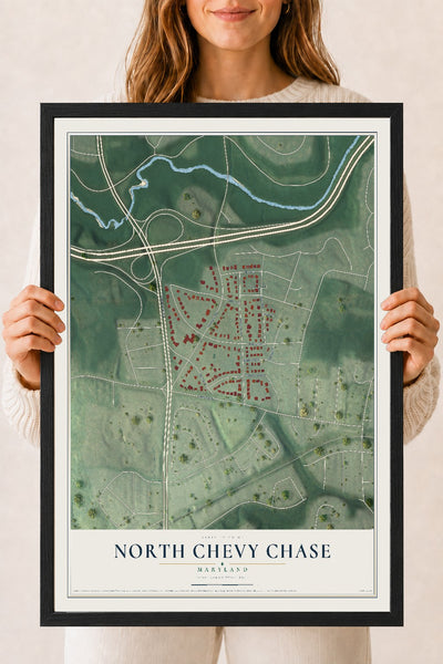 Map of North Chevy Chase, Maryland, 18 x 24 inch print in a black wood frame