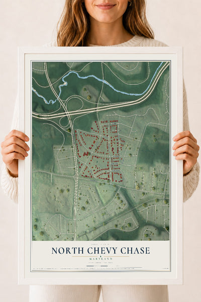 Map of North Chevy Chase, Maryland, 18 x 24 inch print in a white wood frame
