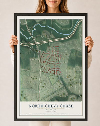 Map of North Chevy Chase, Maryland, 24 x 36 inch print in a black wood frame
