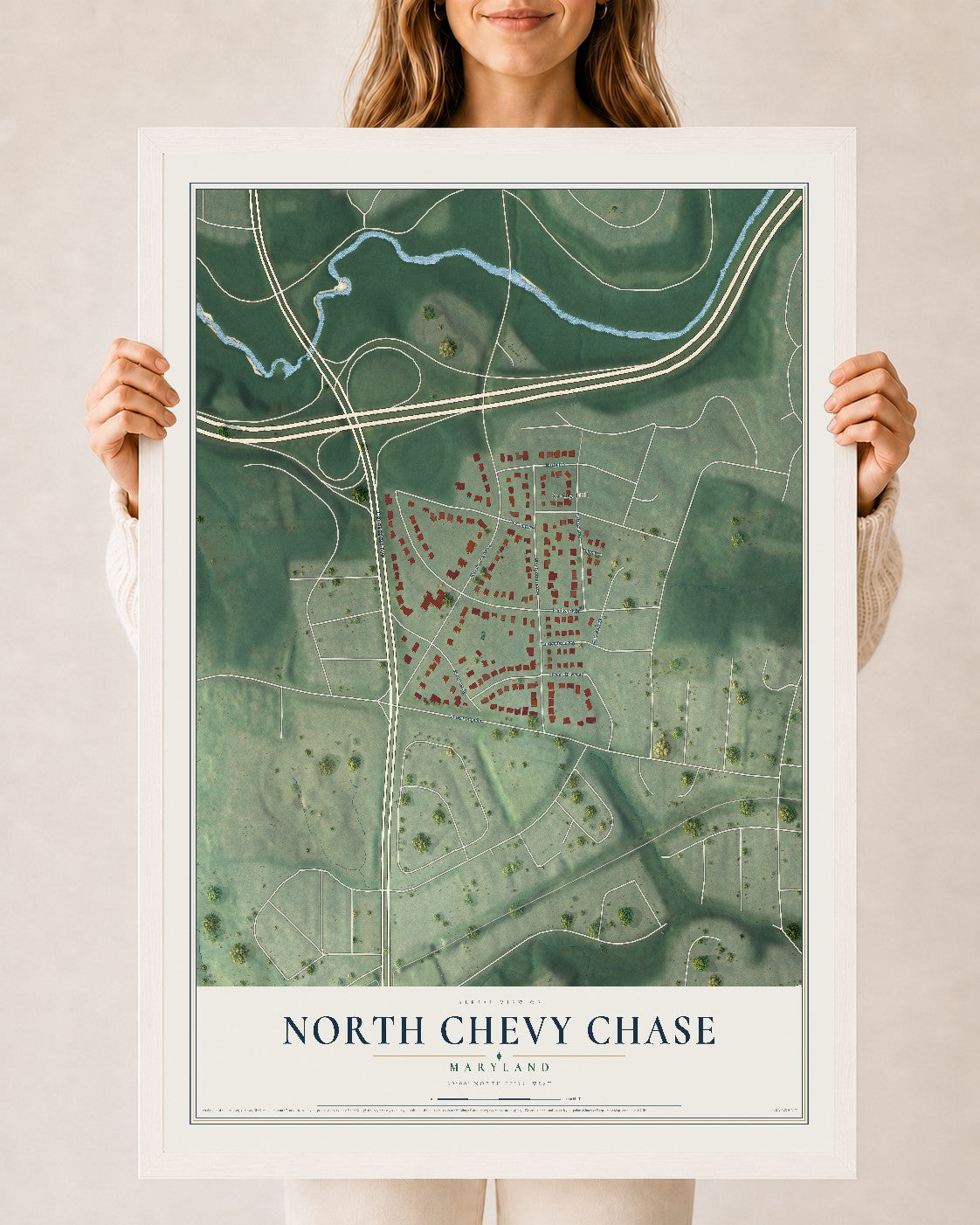 Map of North Chevy Chase, Maryland, 24 x 36 inch print in a white wood frame