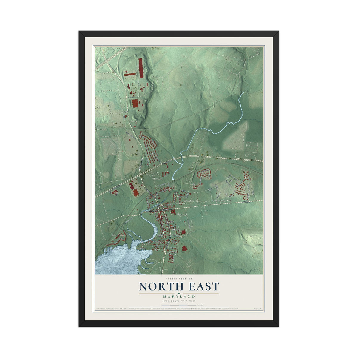 Map of North East, Maryland, 12 x 18 inch print in a black wood frame