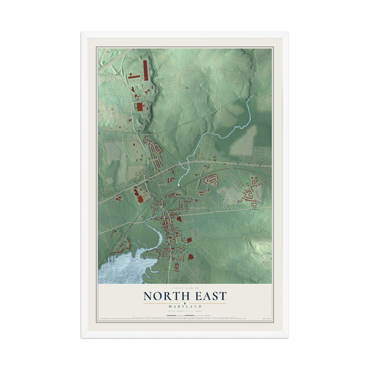 Map of North East, Maryland, 12 x 18 inch print in a white wood frame