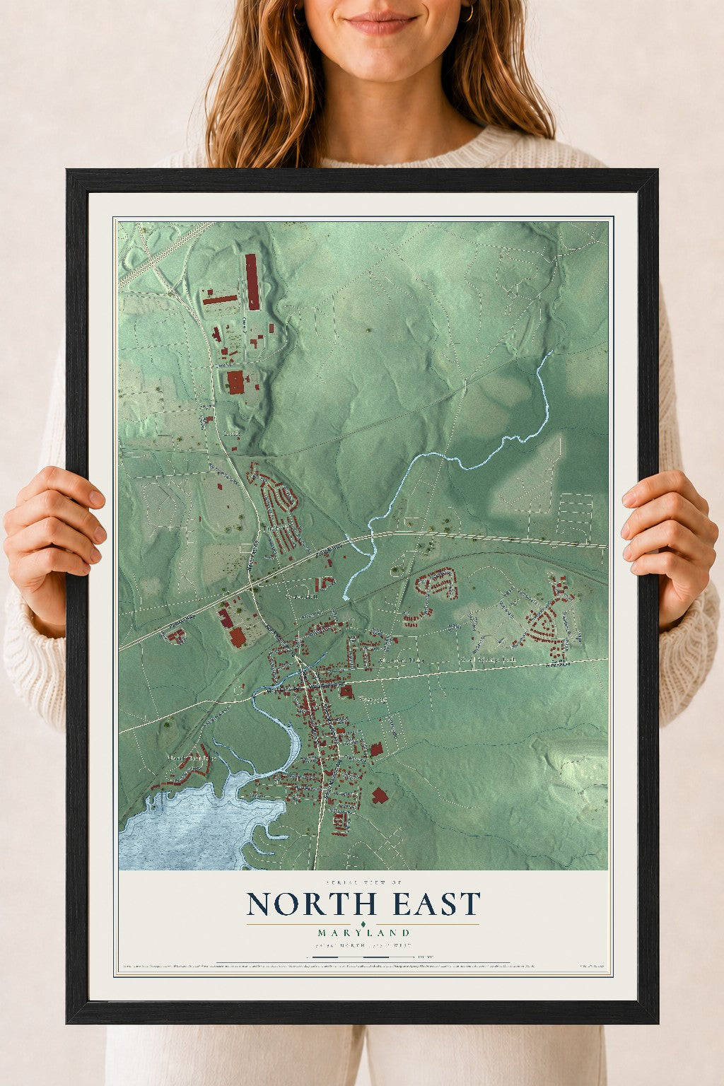Map of North East, Maryland, 18 x 24 inch print in a black wood frame