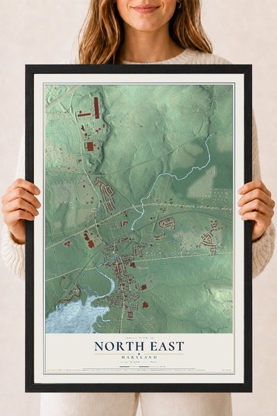 Map of North East, Maryland, 18 x 24 inch print in a black wood frame
