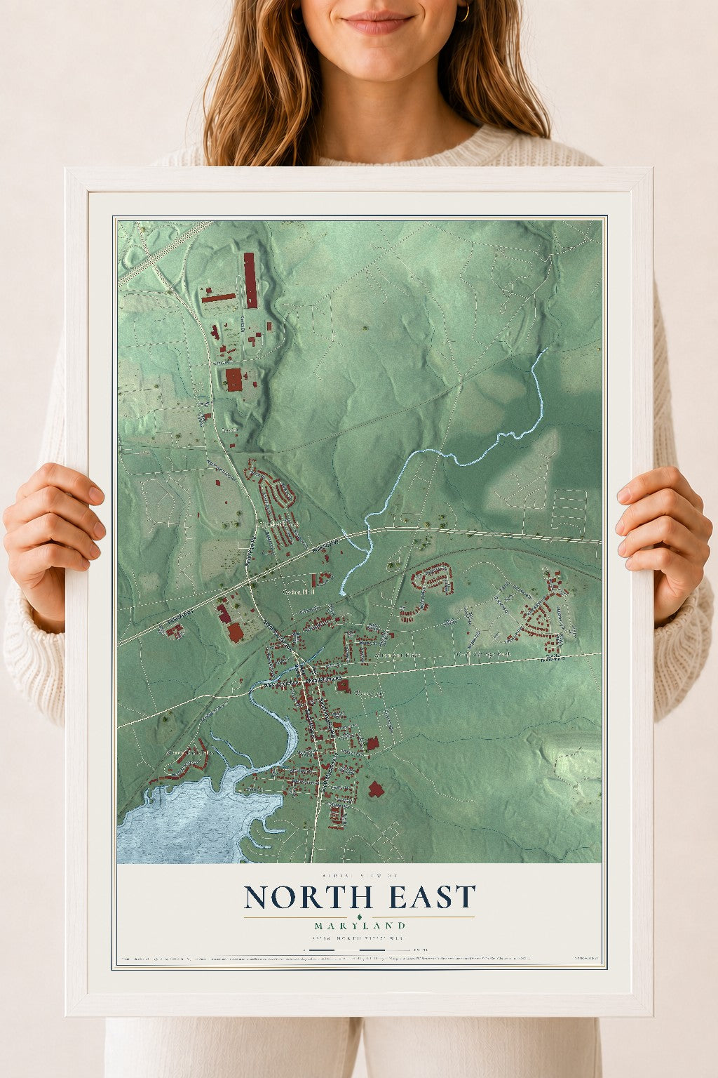 Map of North East, Maryland, 18 x 24 inch print in a white wood frame