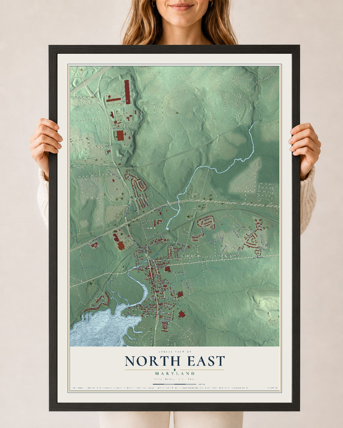 Map of North East, Maryland, 24 x 36 inch print in a black wood frame
