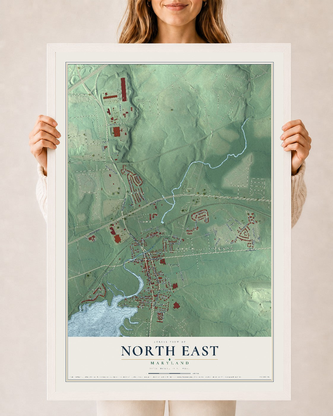 Map of North East, Maryland, 24 x 36 inch print in a white wood frame