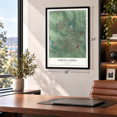 North Laurel, Maryland map, 18 x 24 inch print in a black frame in a home office