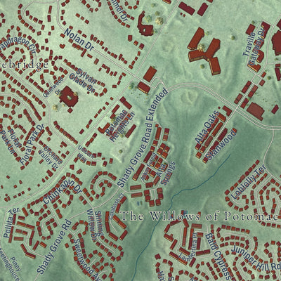 Second close-up of the map of North Potomac, Maryland print showing more streets and buildings