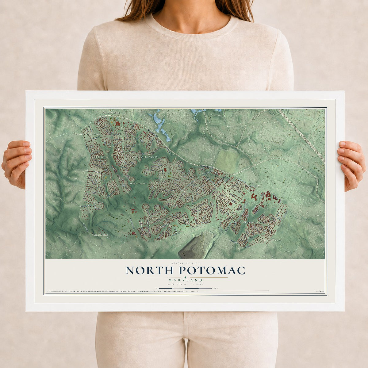 Map of North Potomac, Maryland, 12 x 18 inch print in a white wood frame