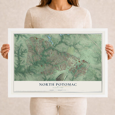 Map of North Potomac, Maryland, 12 x 18 inch print in a white wood frame