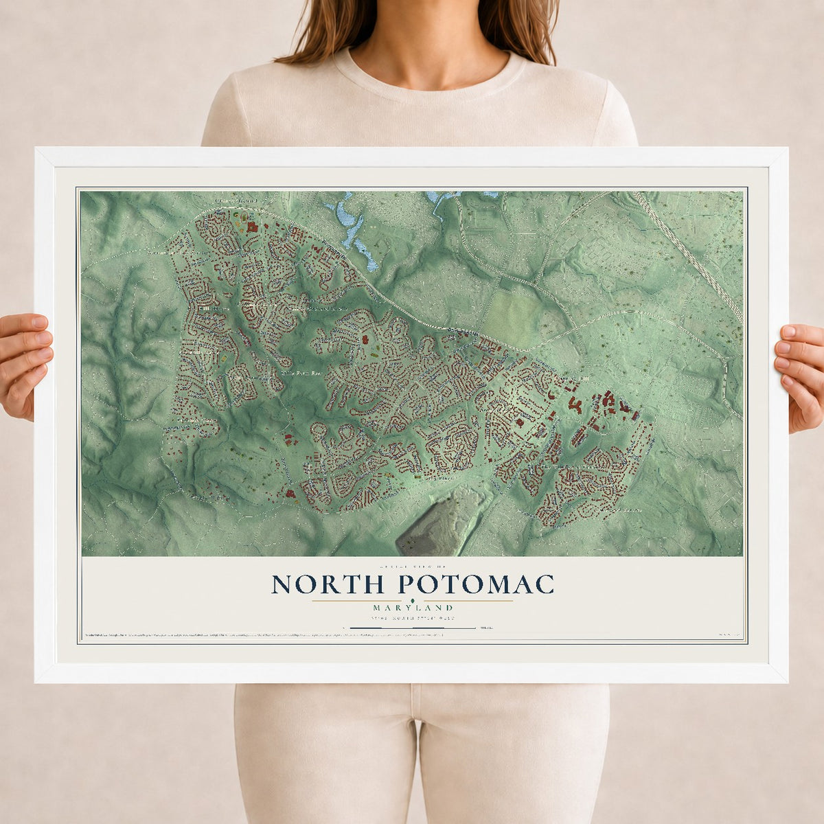 Map of North Potomac, Maryland, 18 x 24 inch print in a white wood frame