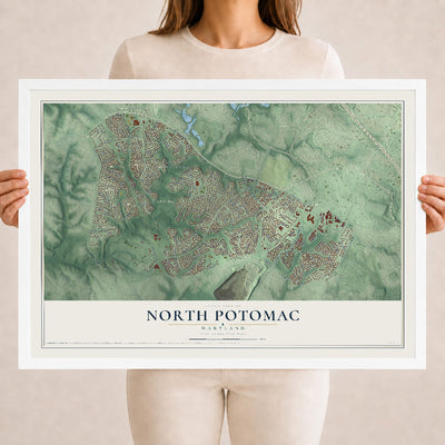 Map of North Potomac, Maryland, 18 x 24 inch print in a white wood frame