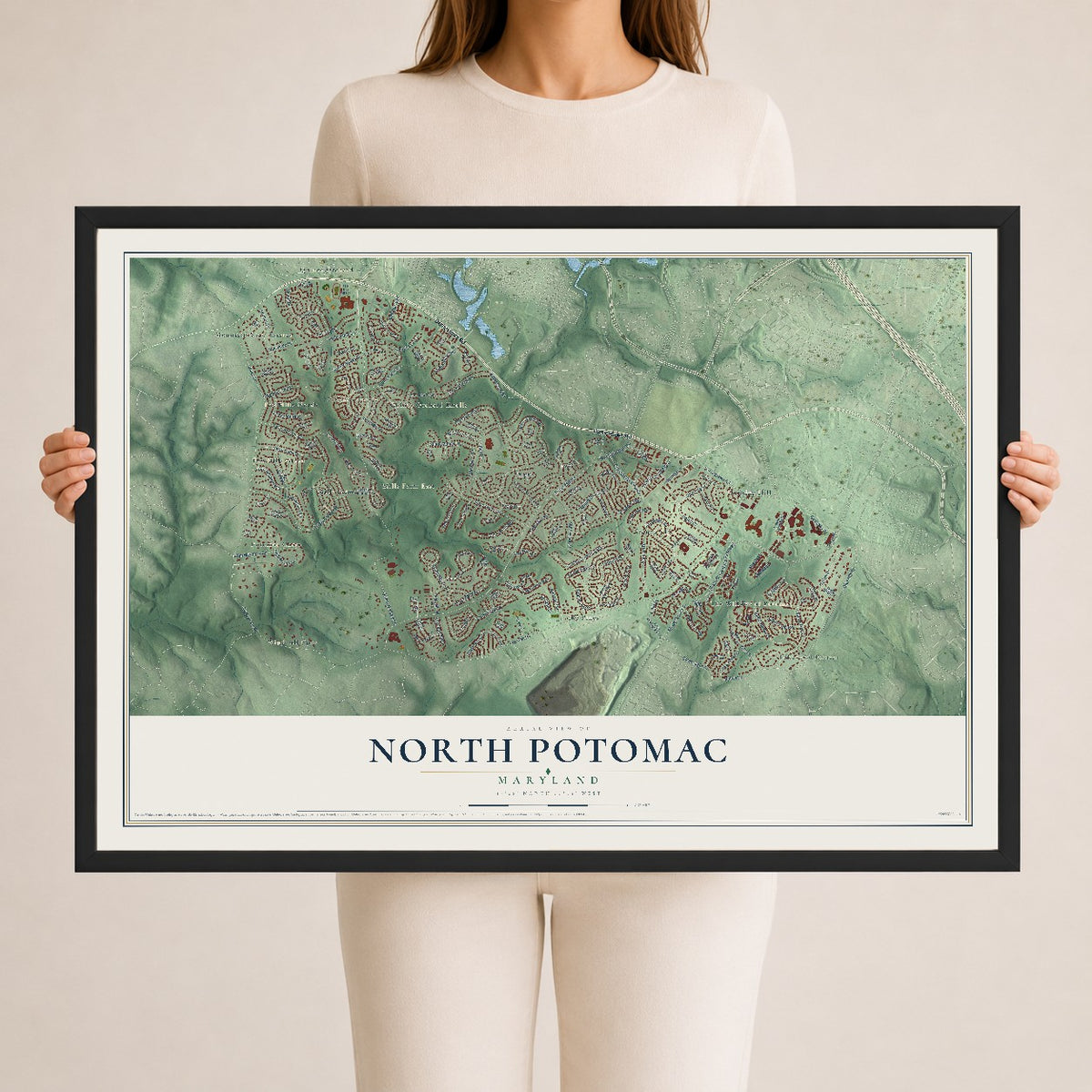 Map of North Potomac, Maryland, 24 x 36 inch print in a black wood frame