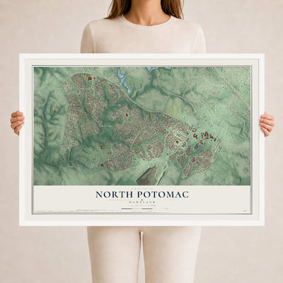 Map of North Potomac, Maryland, 24 x 36 inch print in a white wood frame