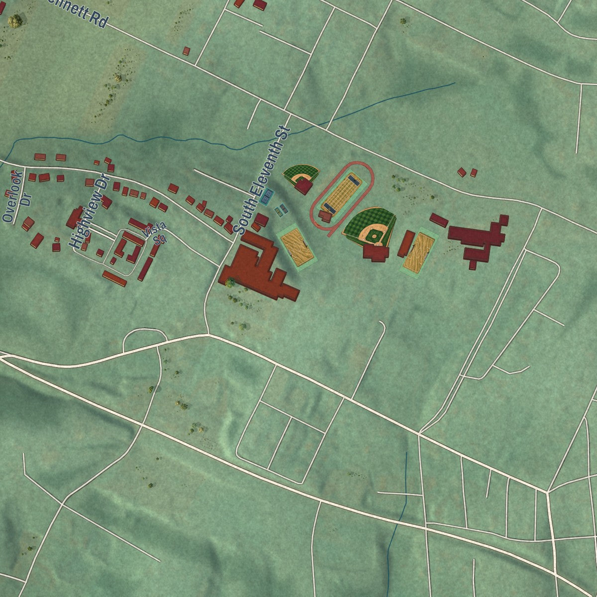 Second close-up of the map of Oakland, Maryland print showing more streets and buildings