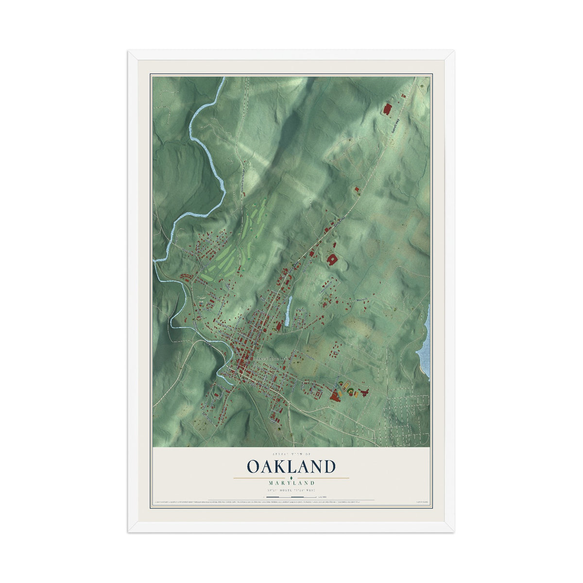 Map of Oakland, Maryland, 12 x 18 inch print in a white wood frame