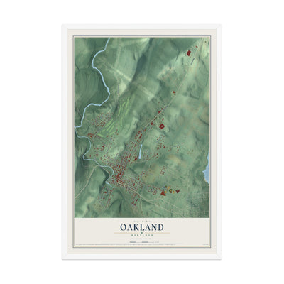 Map of Oakland, Maryland, 12 x 18 inch print in a white wood frame