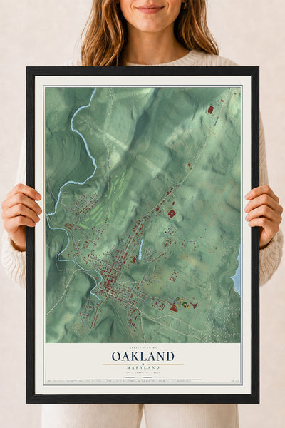 Map of Oakland, Maryland, 18 x 24 inch print in a black wood frame