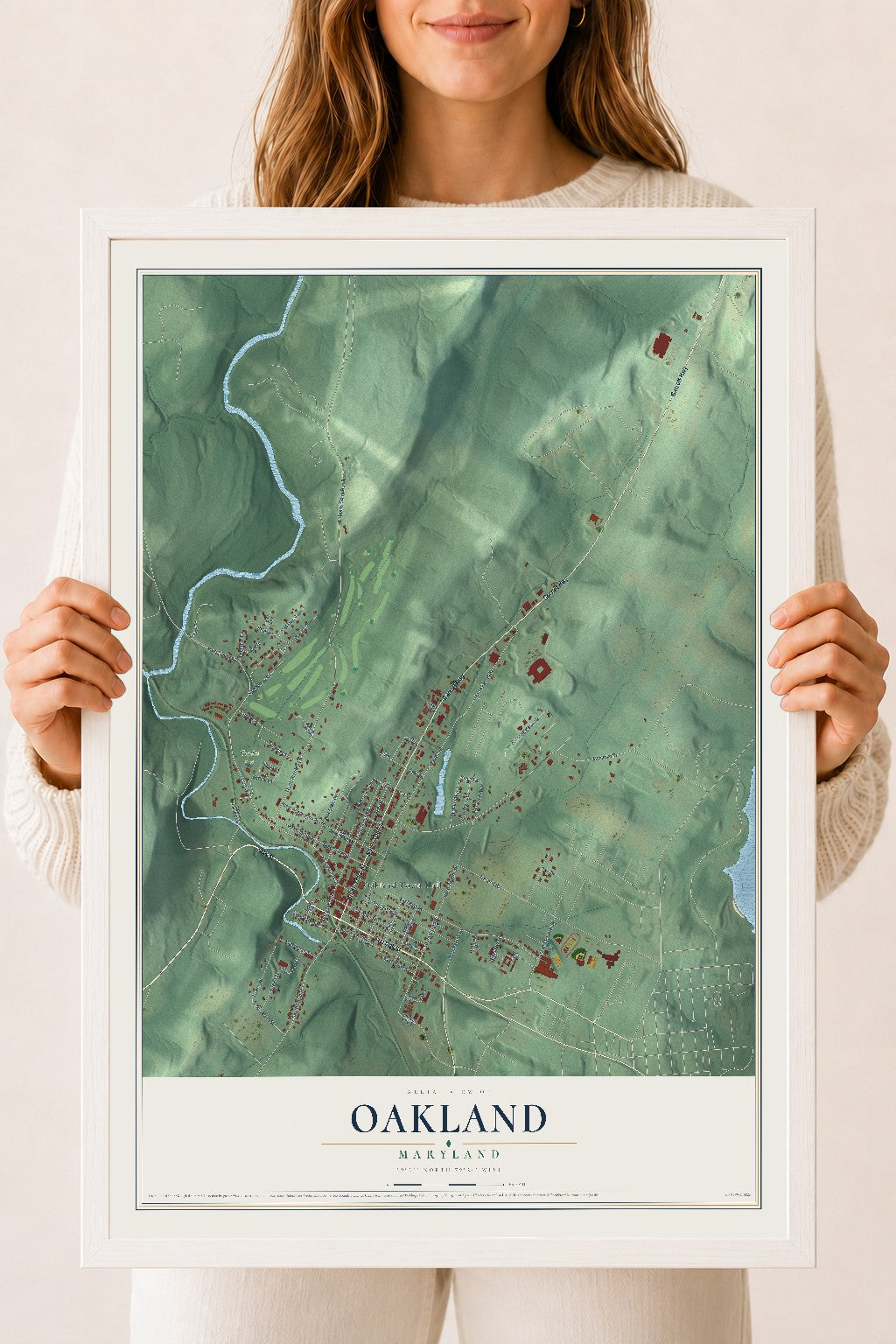 Map of Oakland, Maryland, 18 x 24 inch print in a white wood frame