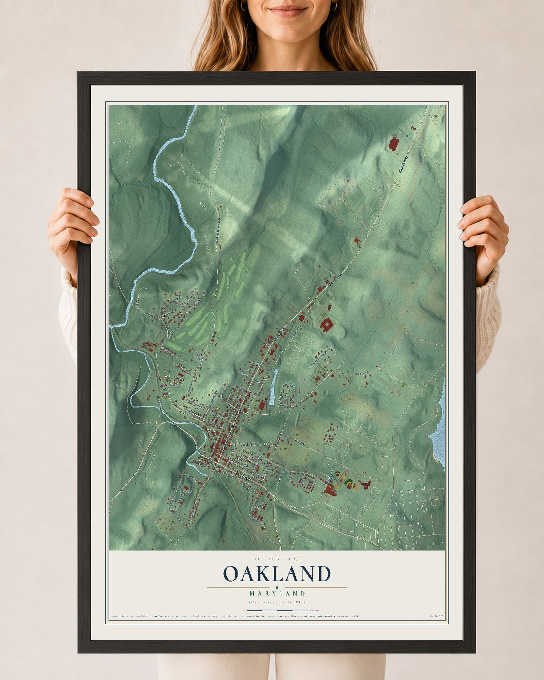 Map of Oakland, Maryland, 24 x 36 inch print in a black wood frame