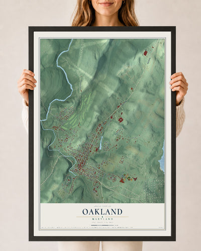 Map of Oakland, Maryland, 24 x 36 inch print in a black wood frame