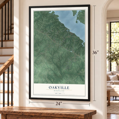Oakville, Maryland map, 24 x 36 inch print in a black frame by a staircase