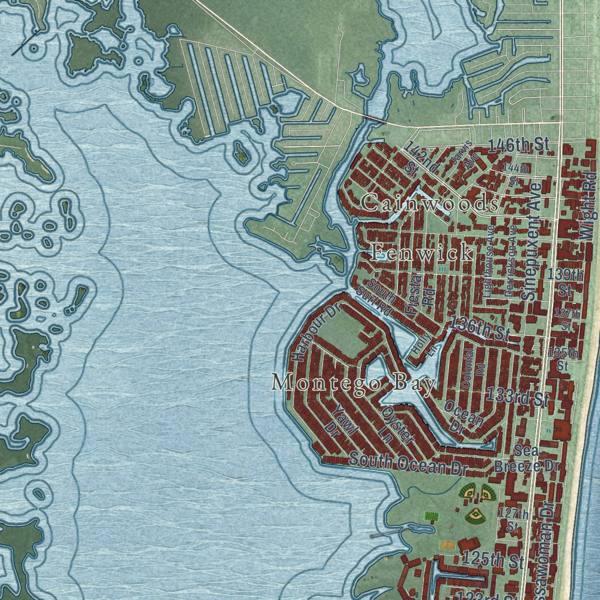 Close-up of the map of Ocean City, Maryland print showing street and building detail