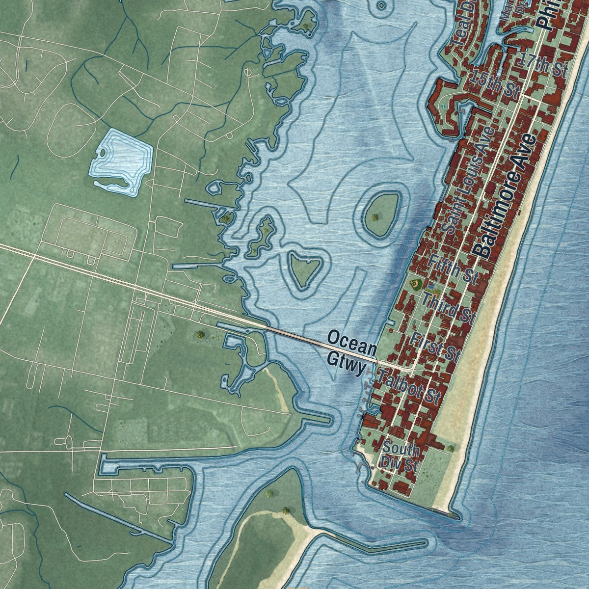 Second close-up of the map of Ocean City, Maryland print showing more streets and buildings