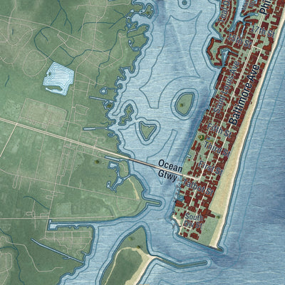 Second close-up of the map of Ocean City, Maryland print showing more streets and buildings