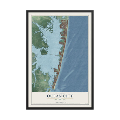 Map of Ocean City, Maryland, 12 x 18 inch print in a black wood frame
