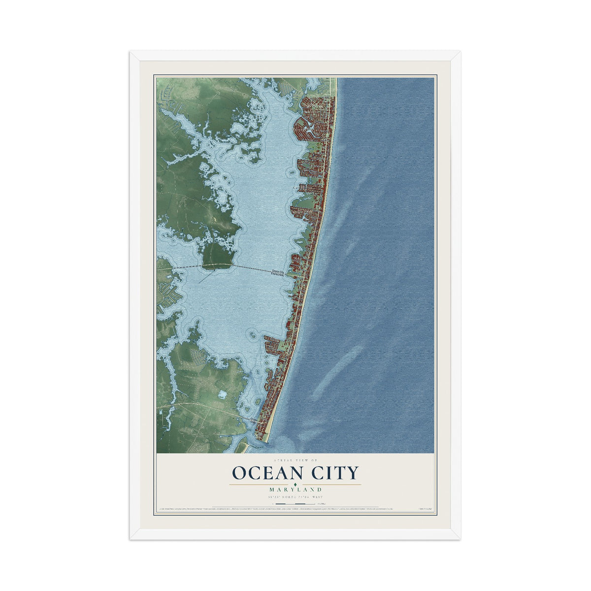 Map of Ocean City, Maryland, 12 x 18 inch print in a white wood frame