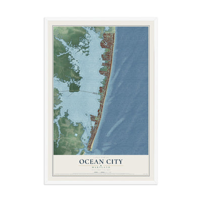 Map of Ocean City, Maryland, 12 x 18 inch print in a white wood frame