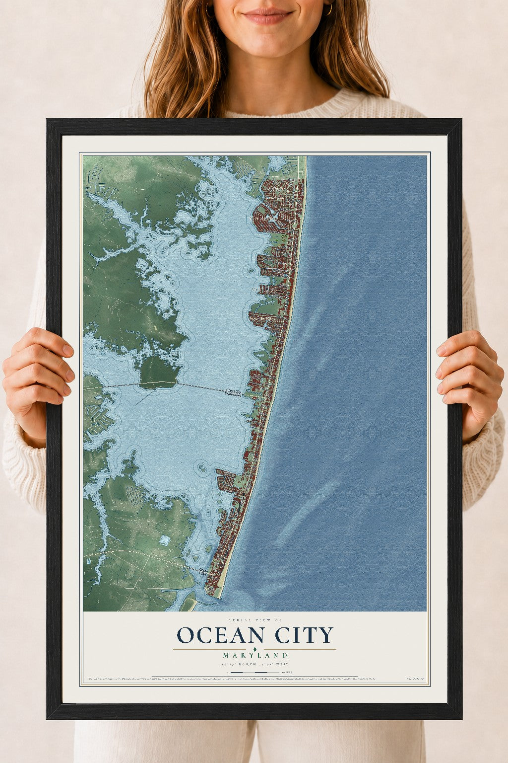 Map of Ocean City, Maryland, 18 x 24 inch print in a black wood frame