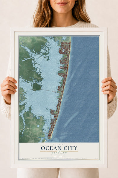 Map of Ocean City, Maryland, 18 x 24 inch print in a white wood frame