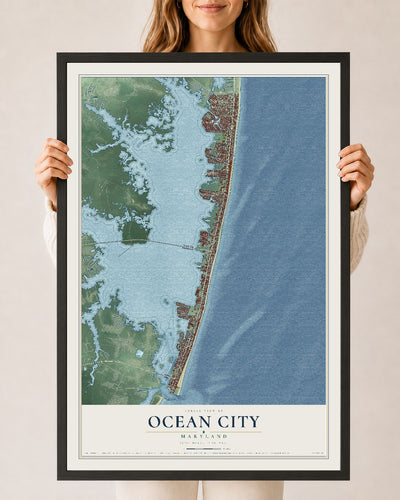 Map of Ocean City, Maryland, 24 x 36 inch print in a black wood frame