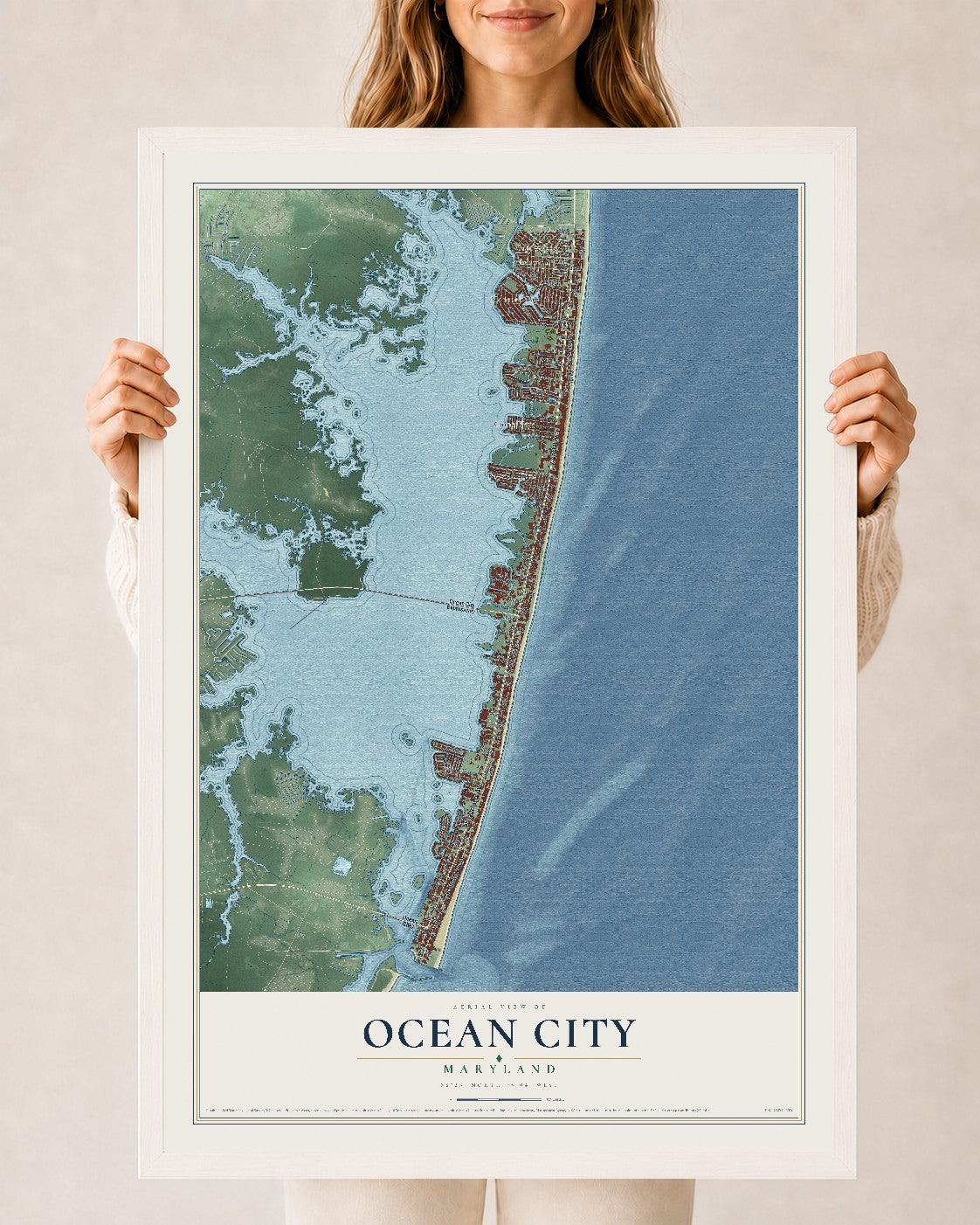 Map of Ocean City, Maryland, 24 x 36 inch print in a white wood frame