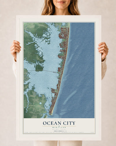 Map of Ocean City, Maryland, 24 x 36 inch print in a white wood frame