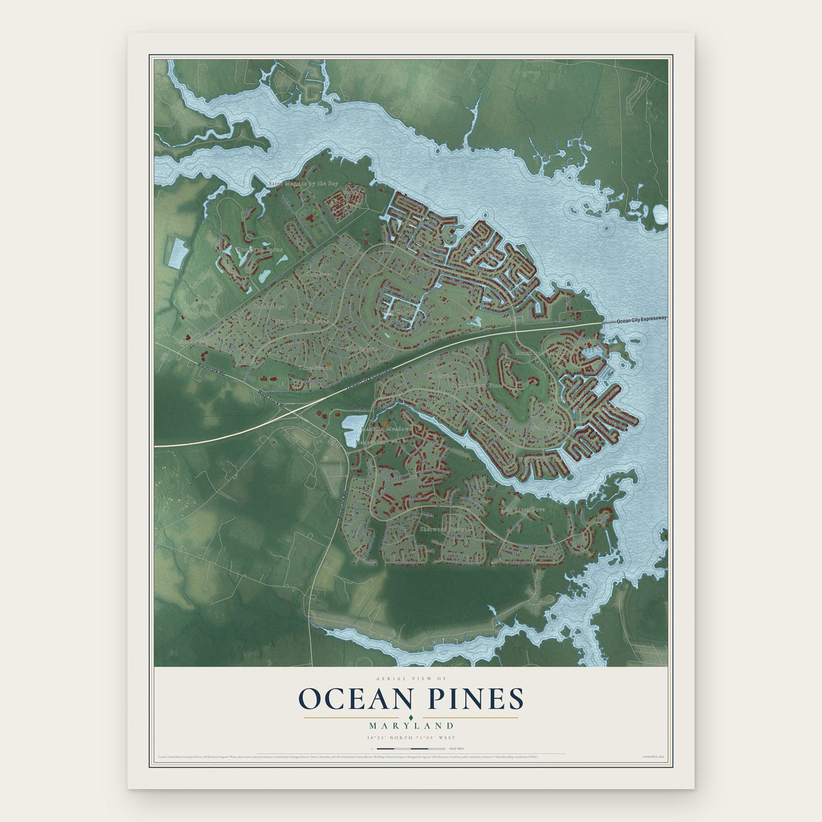 Ocean Pines, Maryland map print, the full design