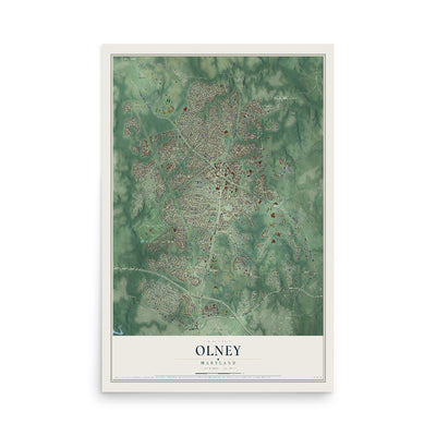 Map of Olney, Maryland, 12 x 18 inch unframed archival matte print