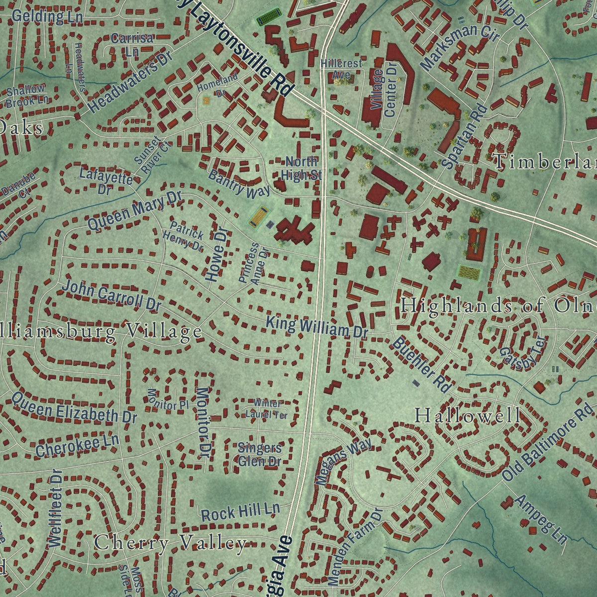 Close-up of the map of Olney, Maryland print showing street and building detail