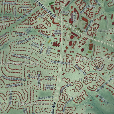 Close-up of the map of Olney, Maryland print showing street and building detail