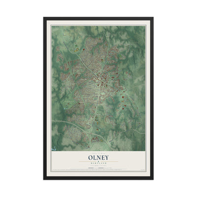 Map of Olney, Maryland, 12 x 18 inch print in a black wood frame