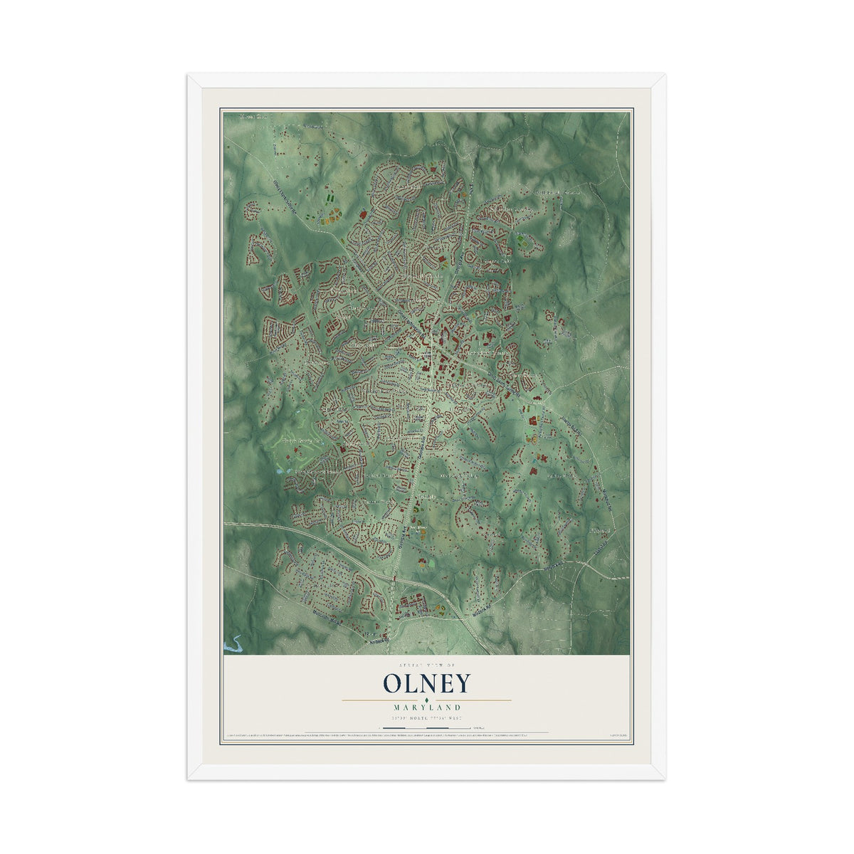 Map of Olney, Maryland, 12 x 18 inch print in a white wood frame