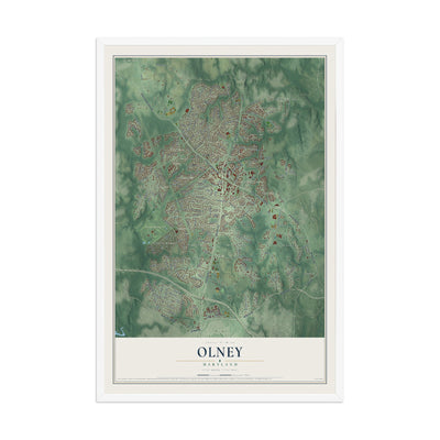 Map of Olney, Maryland, 12 x 18 inch print in a white wood frame