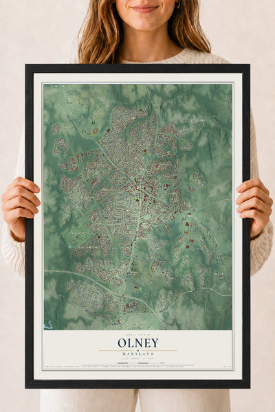 Map of Olney, Maryland, 18 x 24 inch print in a black wood frame