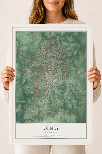 Map of Olney, Maryland, 18 x 24 inch print in a white wood frame