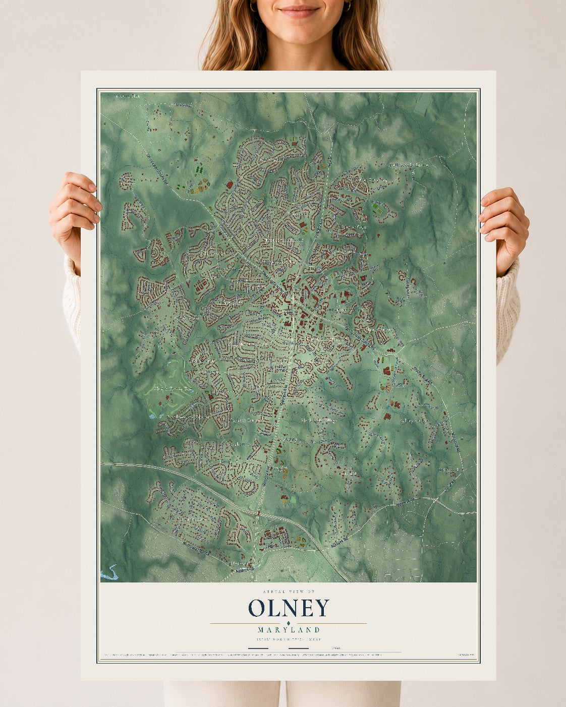 Map of Olney, Maryland, 24 x 36 inch unframed archival matte print